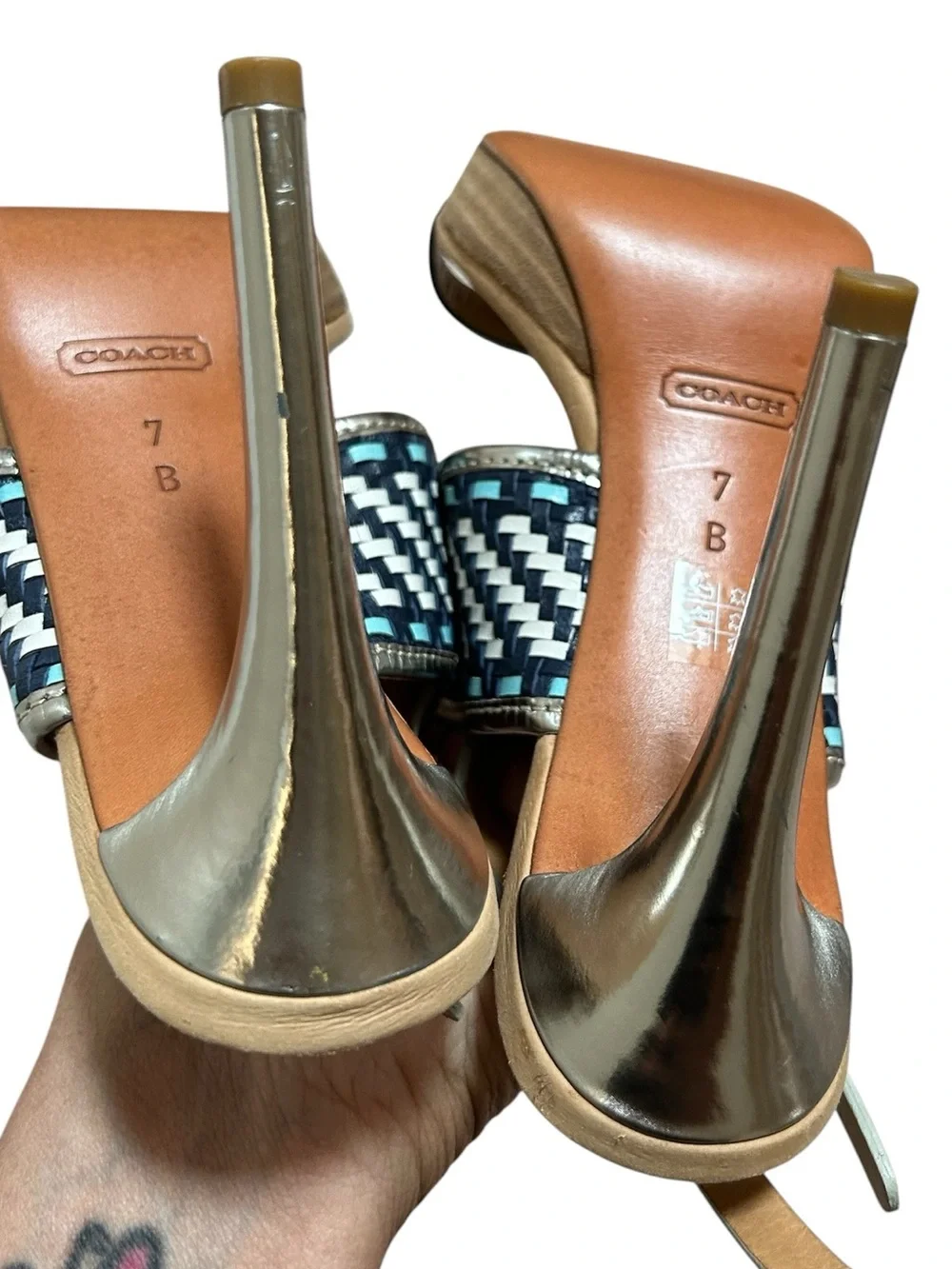 Coach Steffi Woven Slingback Heels in Silver and Metallic Navy